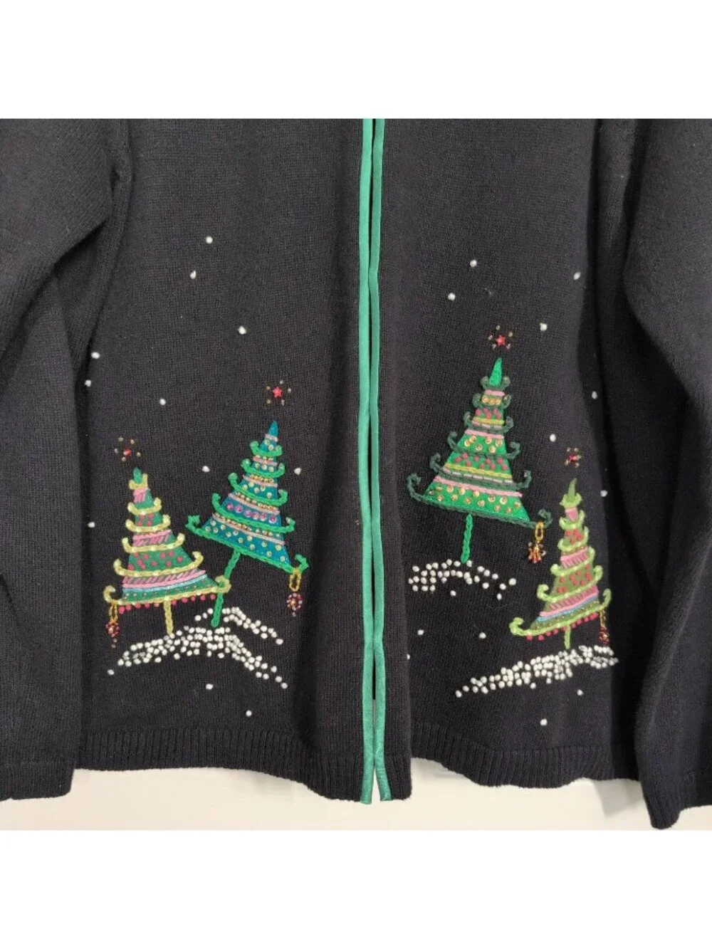 Talbots Beaded Christmas Trees Cardigan Womens Size 3X Black Festive Holiday